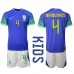 Tanie Strój piłkarski Brazylia Marquinhos #4 Koszulka Wyjazdowej dla dziecięce MŚ 2022 Krótkie Rękawy (+ szorty)